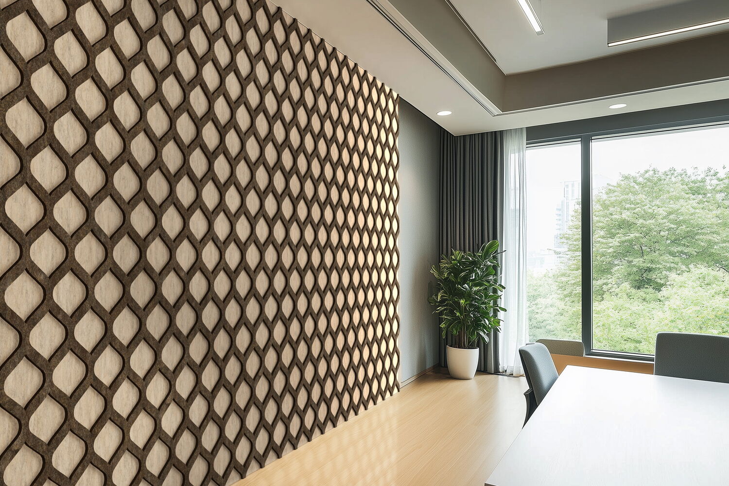 Modern office interior featuring a decorative diamond-patterned wall and greenery.